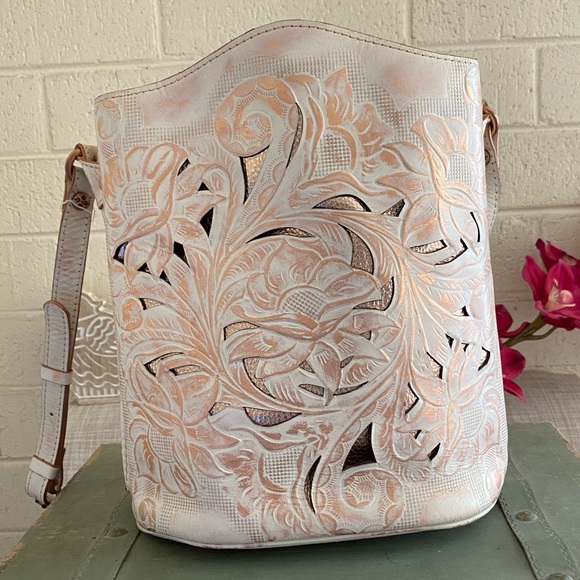 Patricia Nash Ledra Tooled Leather Bucket Crossbody Bag | Full-Grain Leather With Embossed Design & Brass Hardware